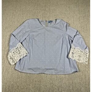 CeCe Blouse Top Size XL Blue Pinstripe Dot Lace Sleeves 100% Cotton